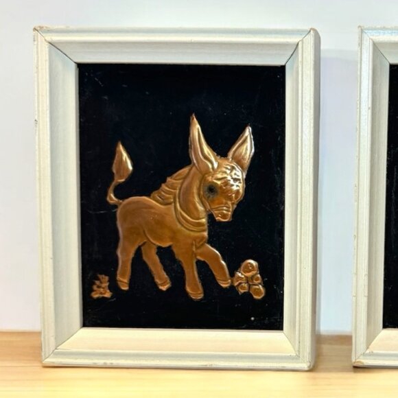 2 Vintage Embossed Copper Art Bambi and Donkey Wooden Frames Wall Hanging - Picture 2 of 4